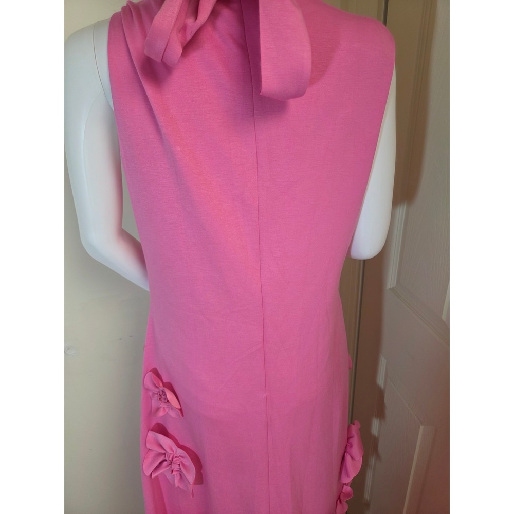 Pink 3D Floral Applique Mock Neck Maxi Dress Sleeveless Tie Back Gown Large - Picture 5 of 8